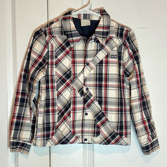 Kith Plaid Initial K Patchwork Snap Front Jacket Oat White Red Black M 8